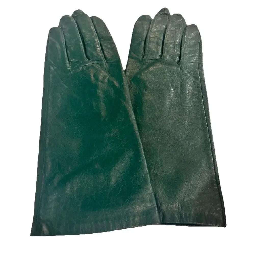 Vintage Van Raalte Leather Driving Gloves Teal Green Tricot Lining Large